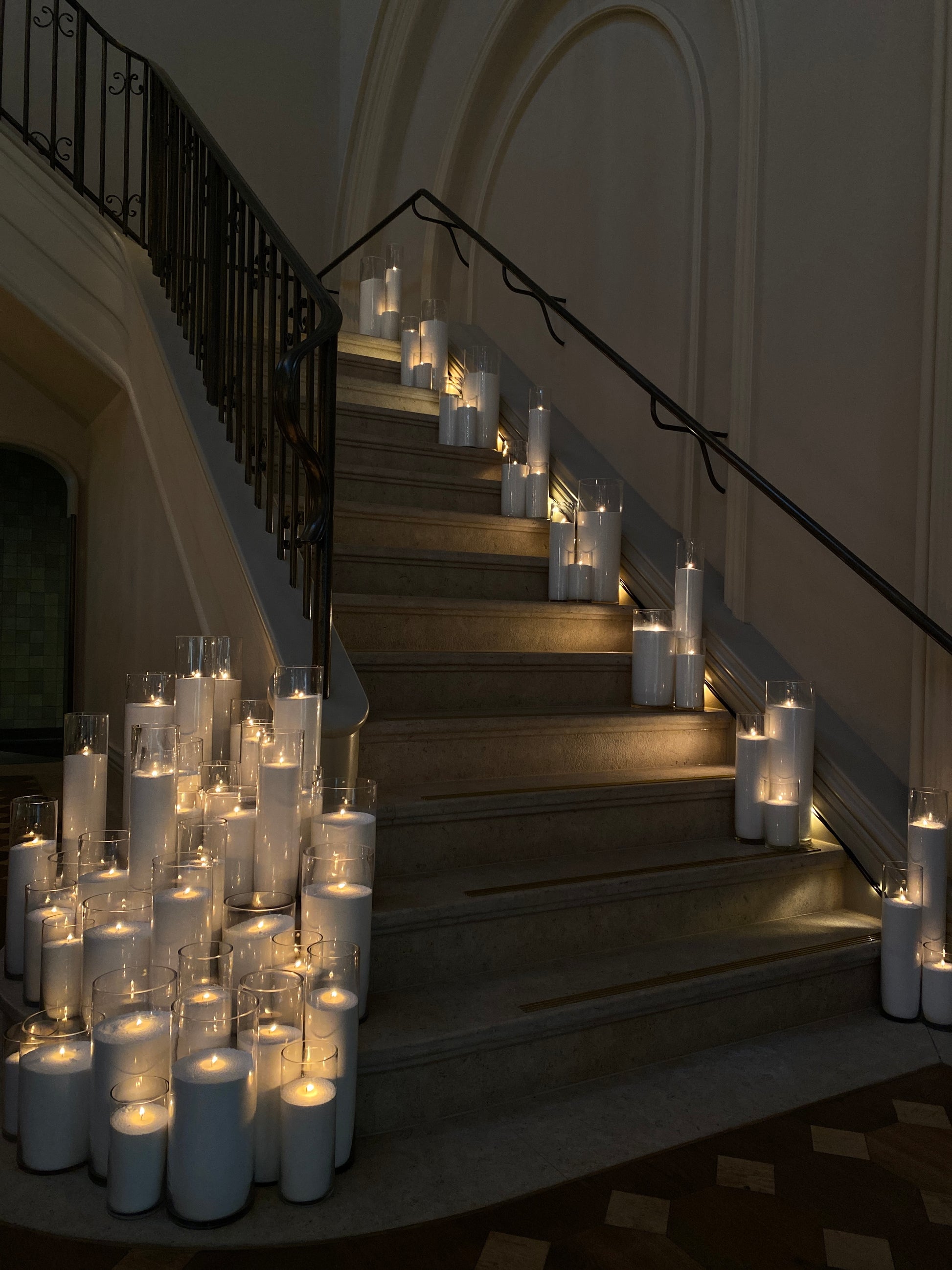 Large Cylinder Floor candles on staircase